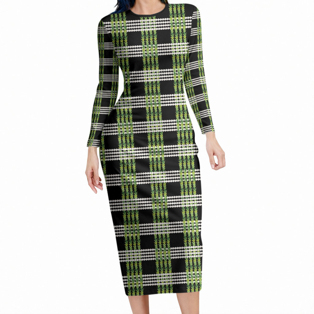 Aloha Hawaii Pakalana Pikake Lei Long Sleeve Bodycon Dress Palaka Inspired Hawaiian-plaid Black LT14 Long Dress Black - Polynesian Pride