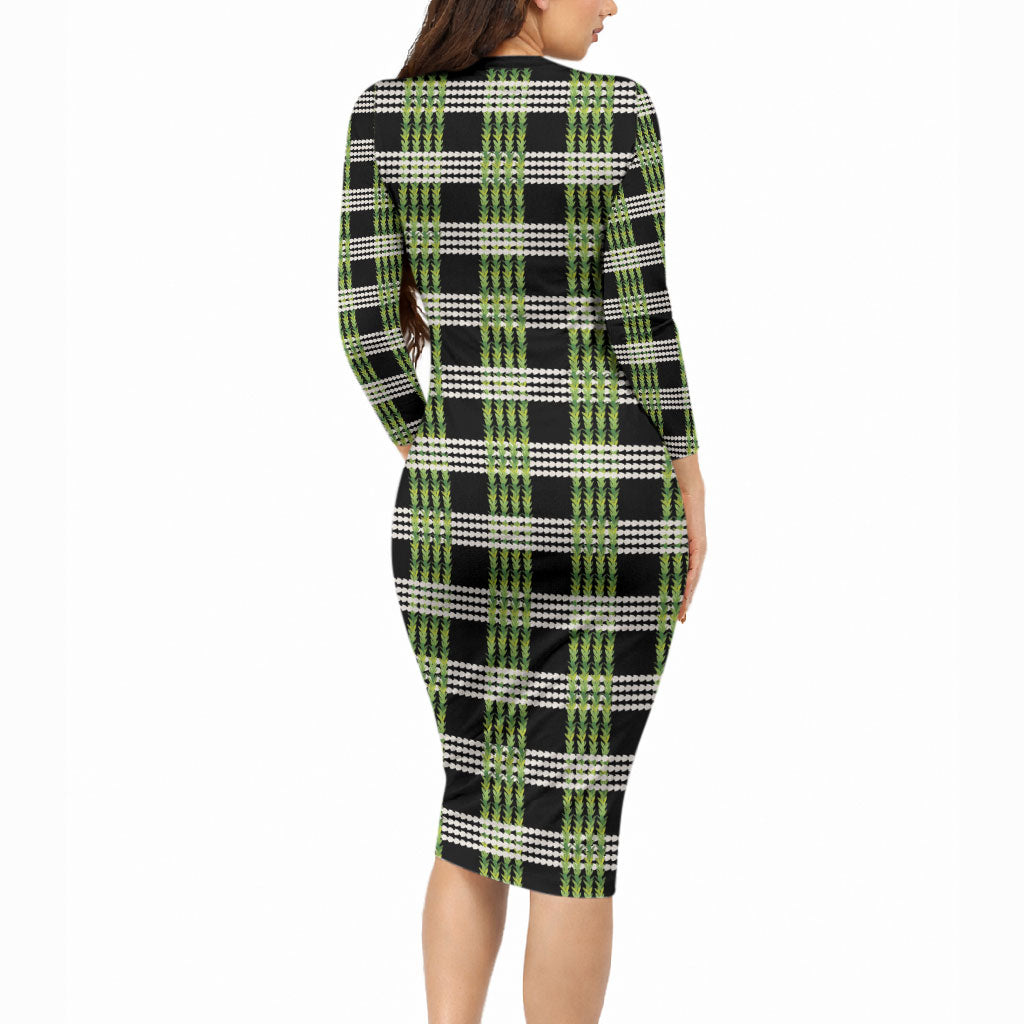 Aloha Hawaii Pakalana Pikake Lei Long Sleeve Bodycon Dress Palaka Inspired Hawaiian-plaid Black LT14 - Polynesian Pride