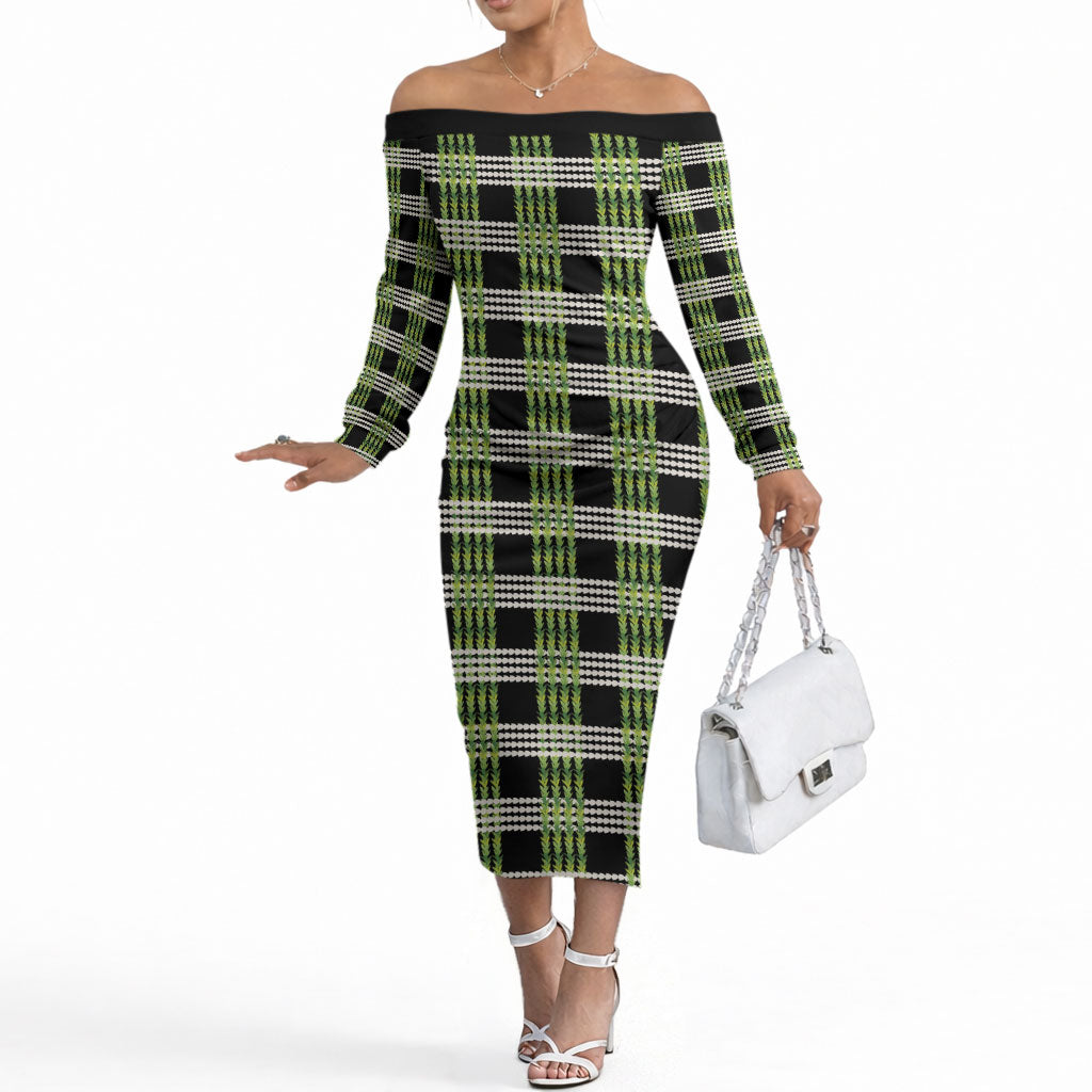 Aloha Hawaii Pakalana Pikake Lei Off The Shoulder Long Sleeve Dress Palaka Inspired Hawaiian-plaid Black LT14 Women Black - Polynesian Pride