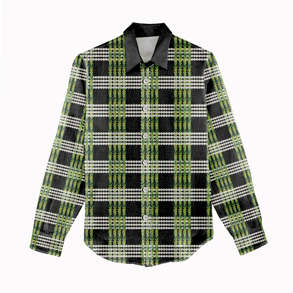 Aloha Hawaii Pakalana Pikake Lei Women Casual Shirt Palaka Inspired Hawaiian-plaid Black LT14 - Polynesian Pride