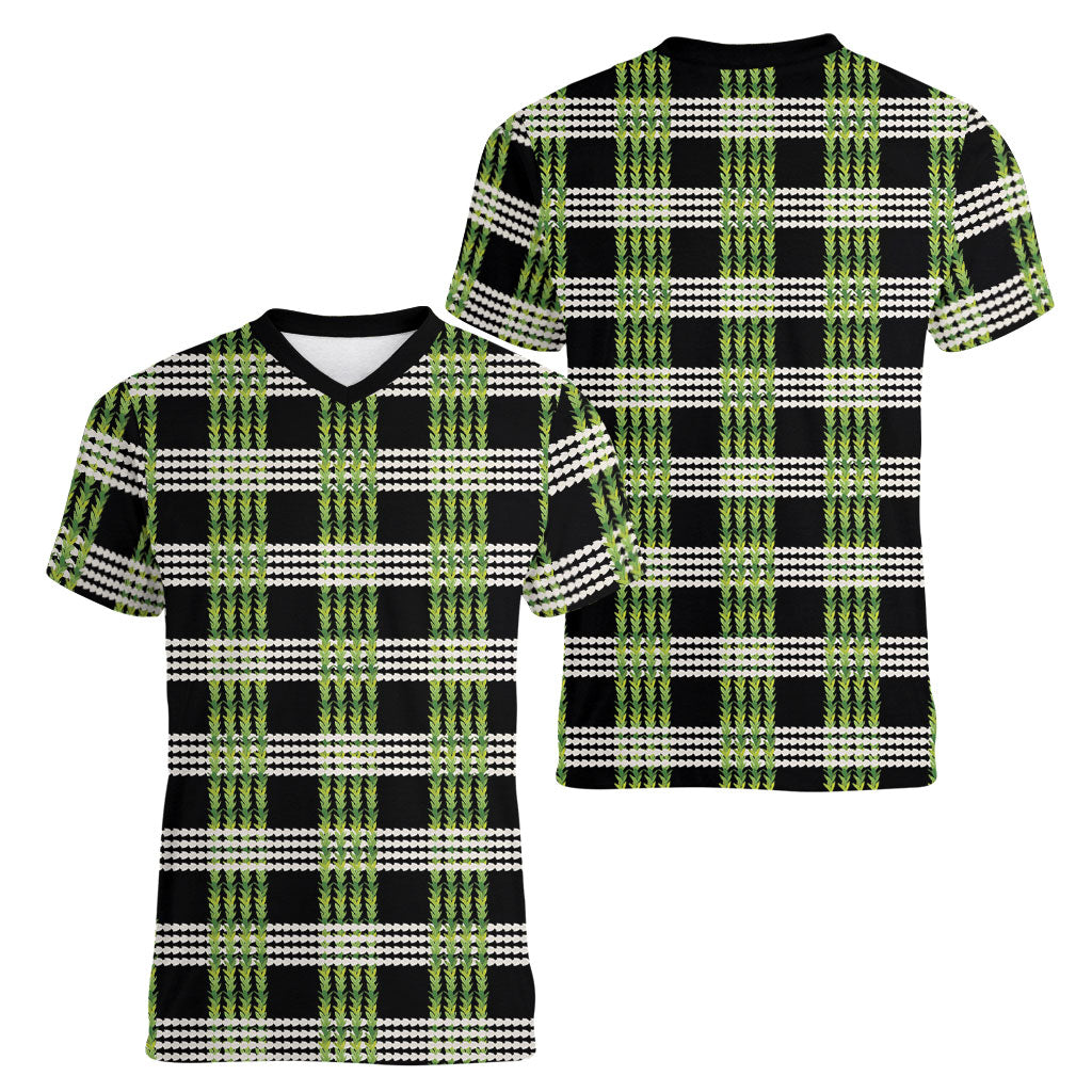 Aloha Hawaii Pakalana Pikake Lei Women V-Neck T-Shirt Palaka Inspired Hawaiian-plaid Black LT14 - Polynesian Pride