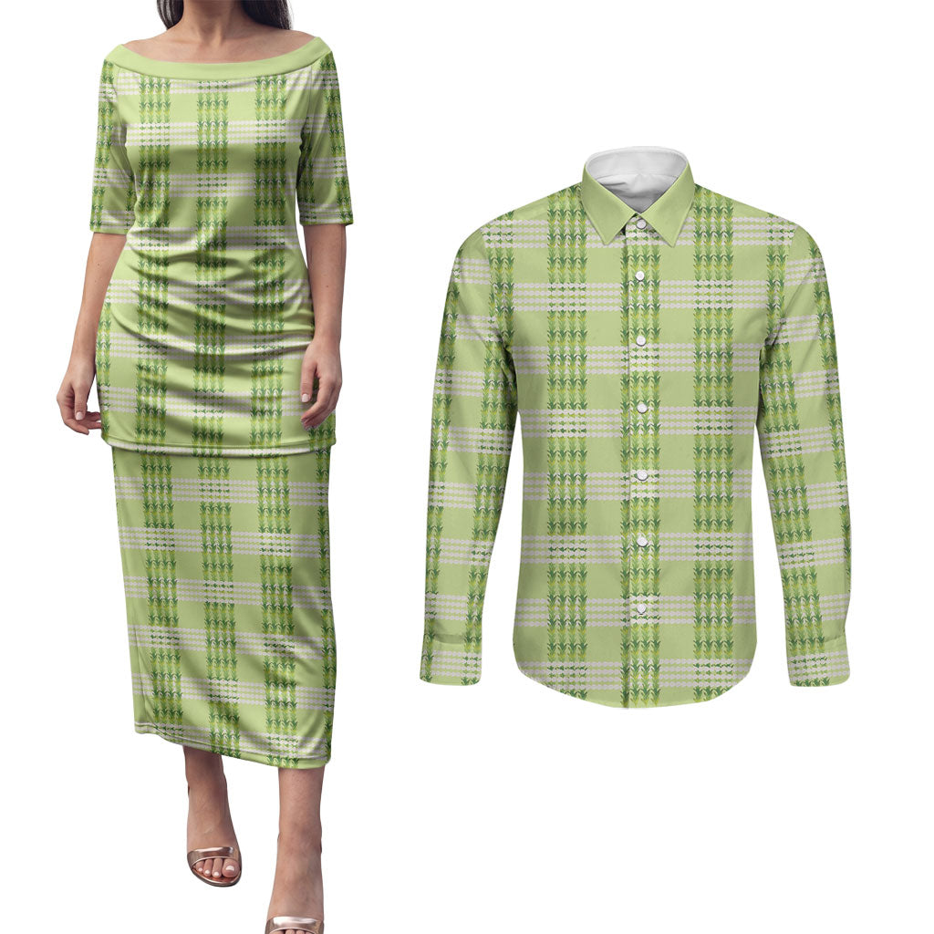 Aloha Hawaii Pakalana Pikake Lei Couples Matching Puletasi and Long Sleeve Button Shirt Palaka Inspired Hawaiian-plaid Pastel Green LT14 Green - Polynesian Pride