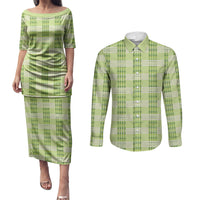 Aloha Hawaii Pakalana Pikake Lei Couples Matching Puletasi and Long Sleeve Button Shirt Palaka Inspired Hawaiian-plaid Pastel Green LT14 Green - Polynesian Pride