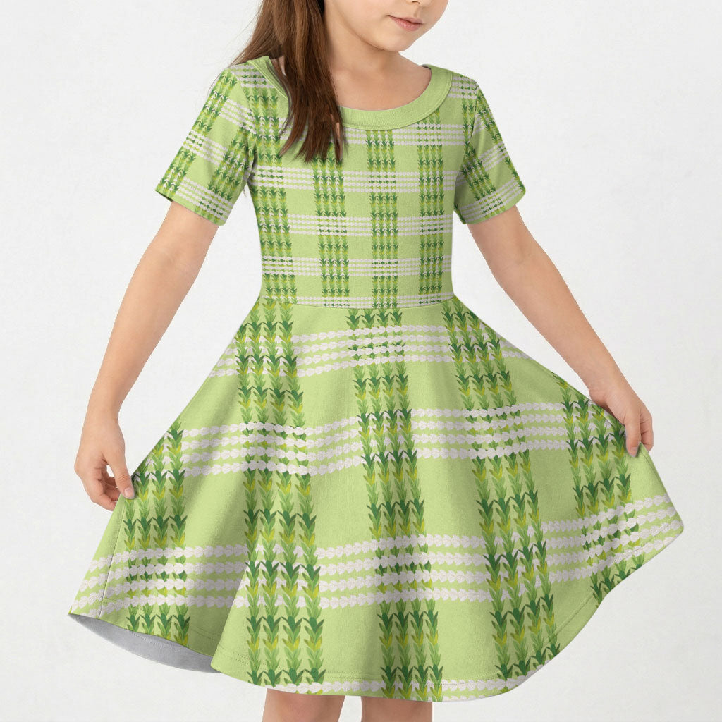 Aloha Hawaii Pakalana Pikake Lei Kid Short Sleeve Dress Palaka Inspired Hawaiian-plaid Pastel Green LT14 KID Green - Polynesian Pride