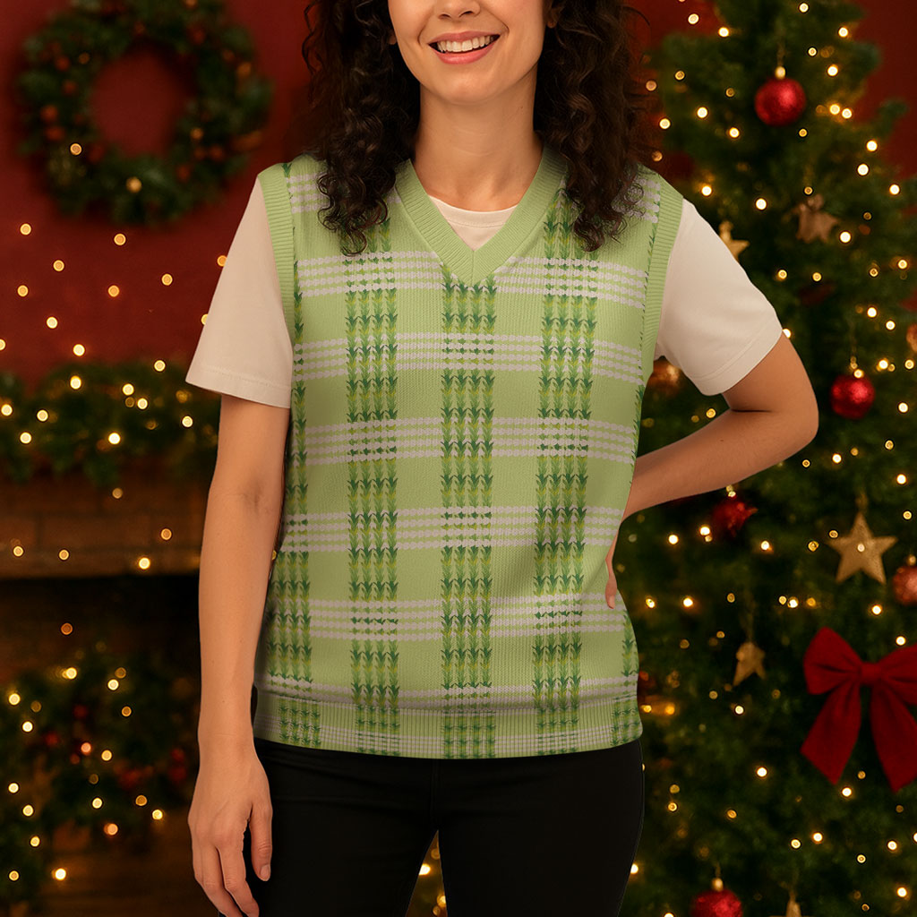 Aloha Hawaii Pakalana Pikake Lei Christmas Knitted V-Neck Vest Palaka Inspired Hawaiian-plaid Pastel Green LT14 - Polynesian Pride