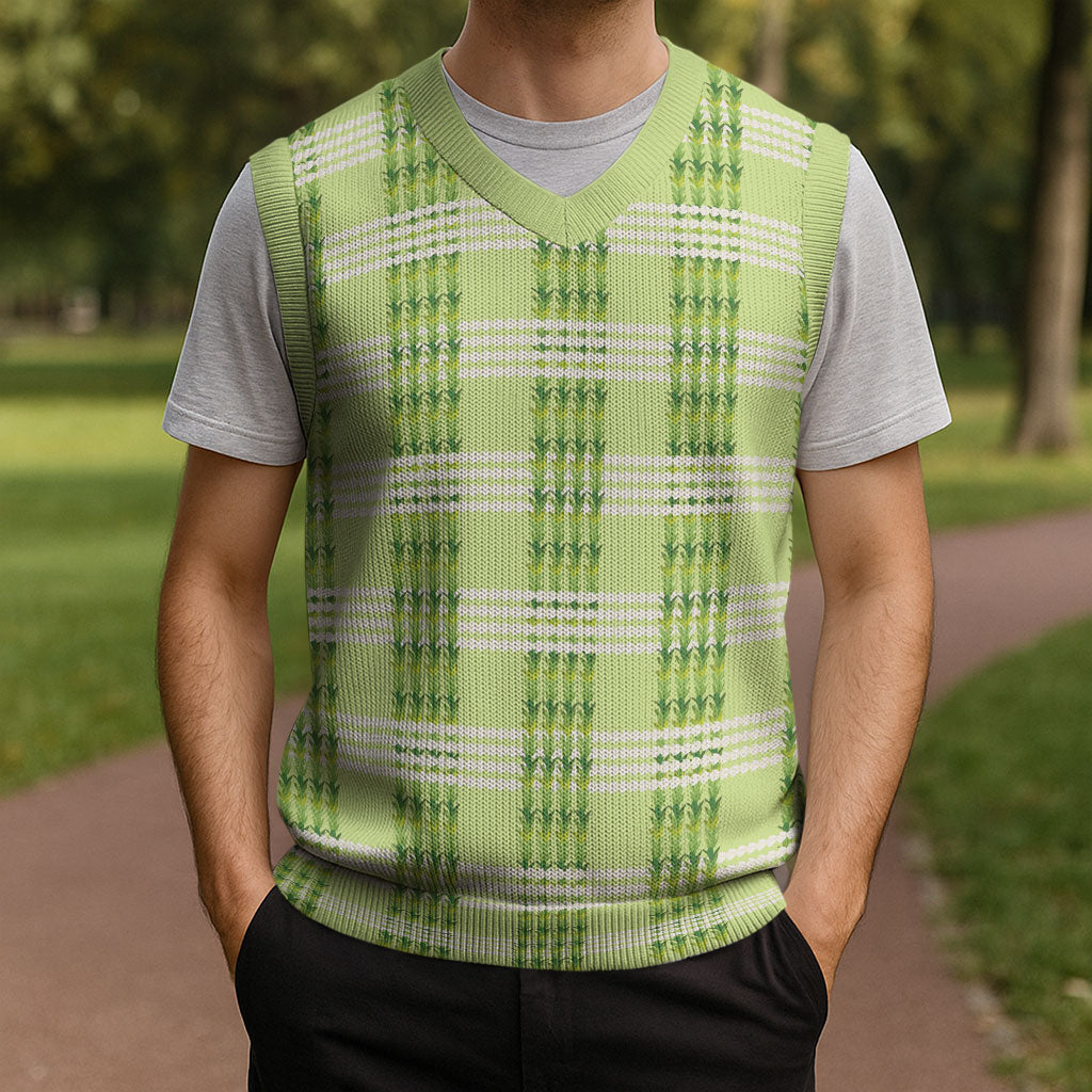Aloha Hawaii Pakalana Pikake Lei Christmas Knitted V-Neck Vest Palaka Inspired Hawaiian-plaid Pastel Green LT14 - Polynesian Pride