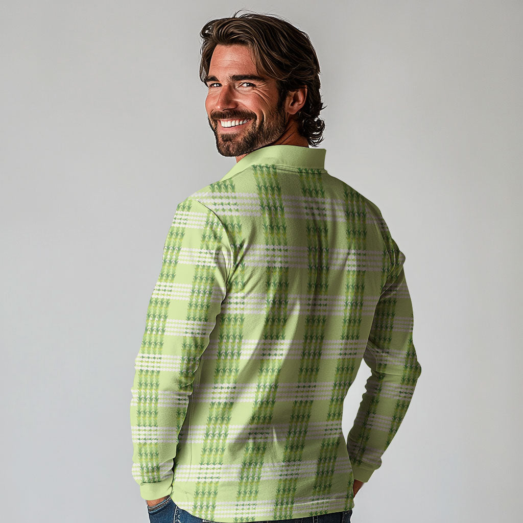 Aloha Hawaii Pakalana Pikake Lei Long Sleeve Polo Shirt Palaka Inspired Hawaiian-plaid Pastel Green LT14 - Polynesian Pride