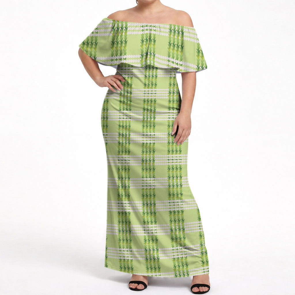 Aloha Hawaii Pakalana Pikake Lei Off Shoulder Maxi Dress Palaka Inspired Hawaiian-plaid Pastel Green LT14 Women Green - Polynesian Pride