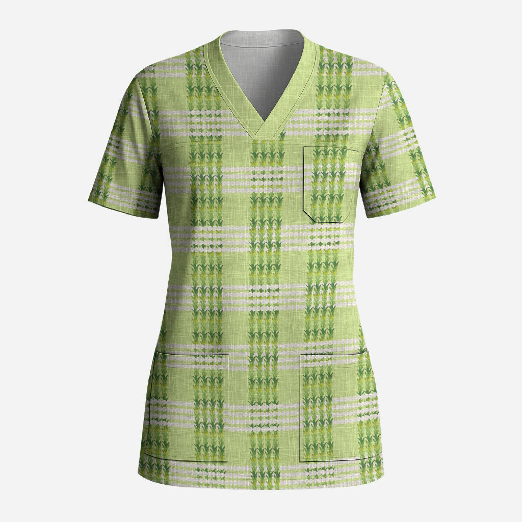 Aloha Hawaii Pakalana Pikake Lei Scrub Top Palaka Inspired Hawaiian-plaid Pastel Green LT14 Adult Green - Polynesian Pride