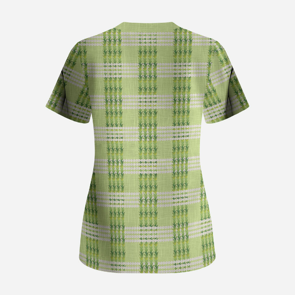 Aloha Hawaii Pakalana Pikake Lei Scrub Top Palaka Inspired Hawaiian-plaid Pastel Green LT14 - Polynesian Pride