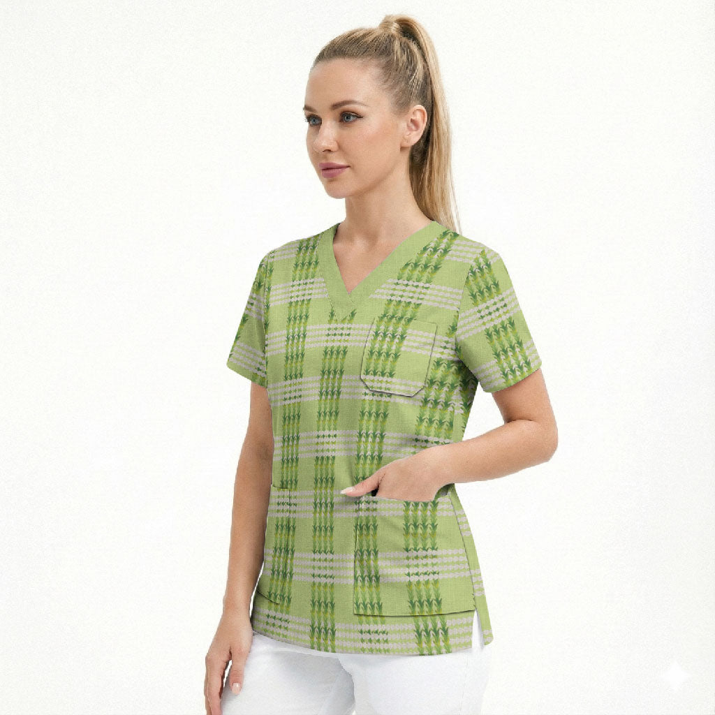 Aloha Hawaii Pakalana Pikake Lei Scrub Top Palaka Inspired Hawaiian-plaid Pastel Green LT14 - Polynesian Pride