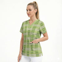 Aloha Hawaii Pakalana Pikake Lei Scrub Top Palaka Inspired Hawaiian-plaid Pastel Green LT14 - Polynesian Pride