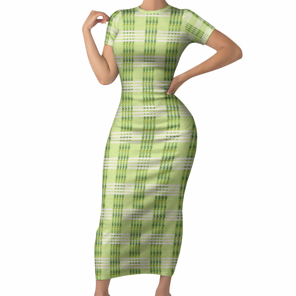 Aloha Hawaii Pakalana Pikake Lei Short Sleeve Bodycon Dress Palaka Inspired Hawaiian-plaid Pastel Green LT14 Long Dress Green - Polynesian Pride