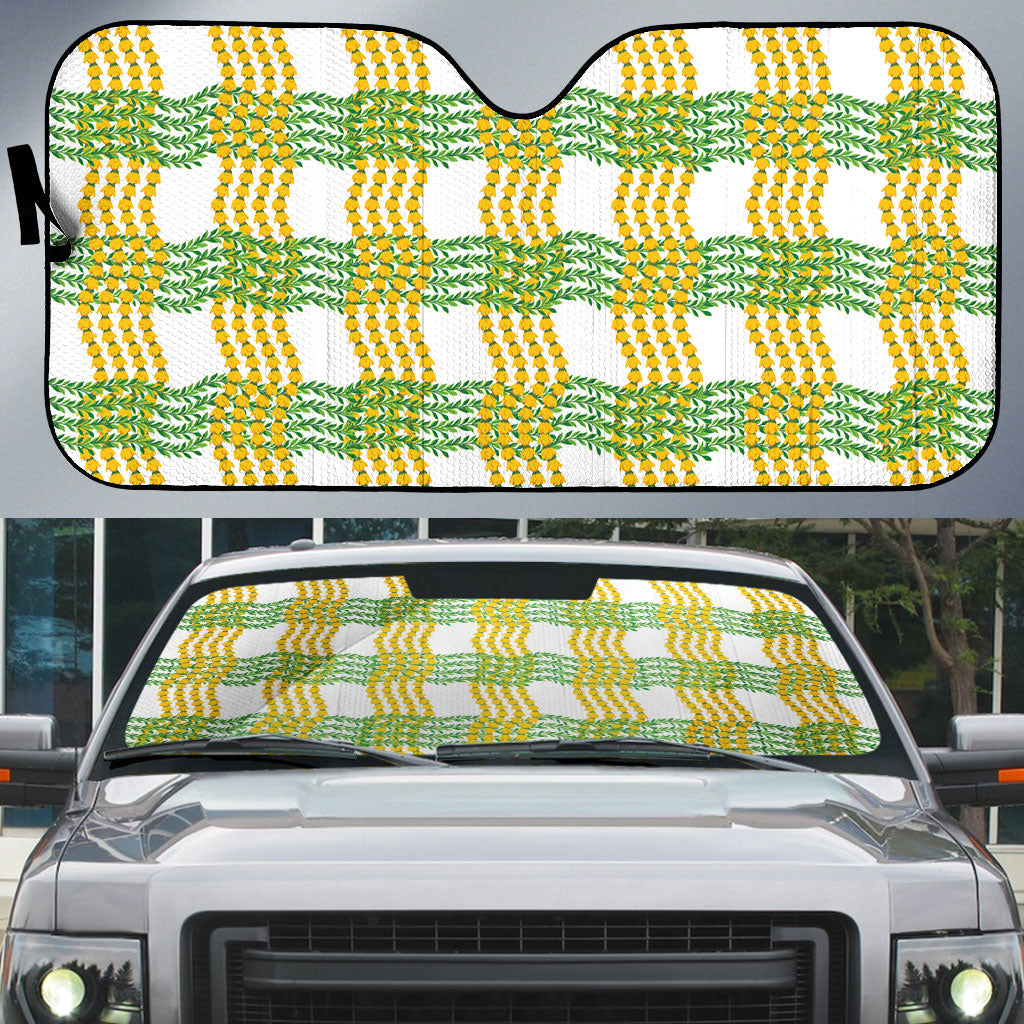 Aloha Hawaii Ilima Maile Lei Auto Sun Shade Palaka Inspired Hawaiian-plaid White LT14 White - Polynesian Pride