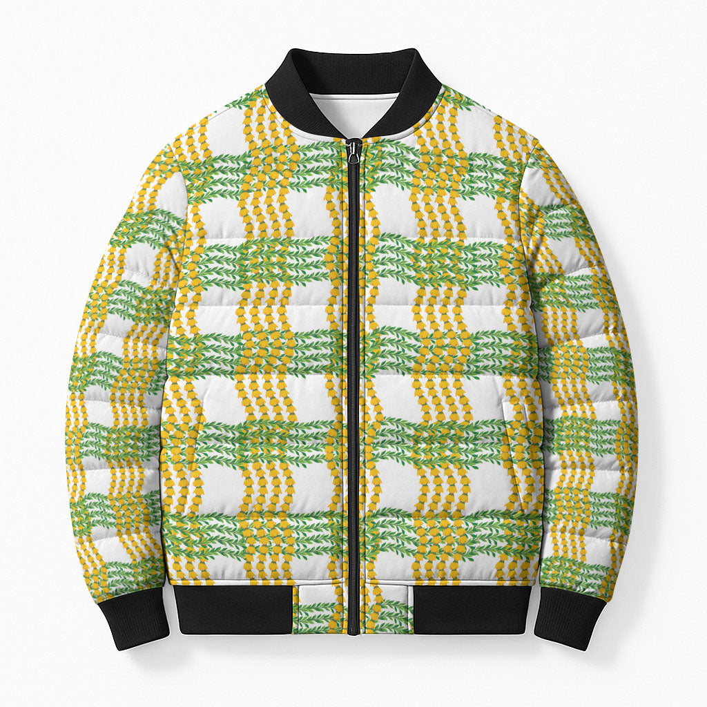 Aloha Hawaii Ilima Maile Lei Bomber Puffer Jacket Palaka Inspired Hawaiian-plaid White LT14 Unisex White - Polynesian Pride