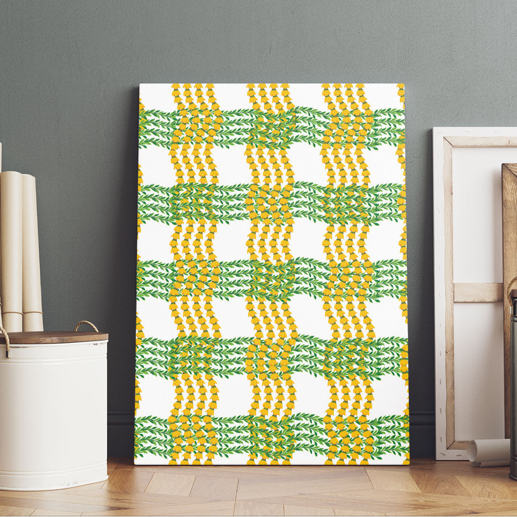Aloha Hawaii Ilima Maile Lei Canvas Wall Art Palaka Inspired Hawaiian-plaid White
