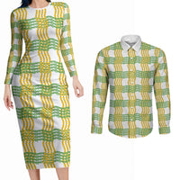 Aloha Hawaii Ilima Maile Lei Couples Matching Long Sleeve Bodycon Dress and Long Sleeve Button Shirt Palaka Inspired Hawaiian-plaid White LT14 White - Polynesian Pride