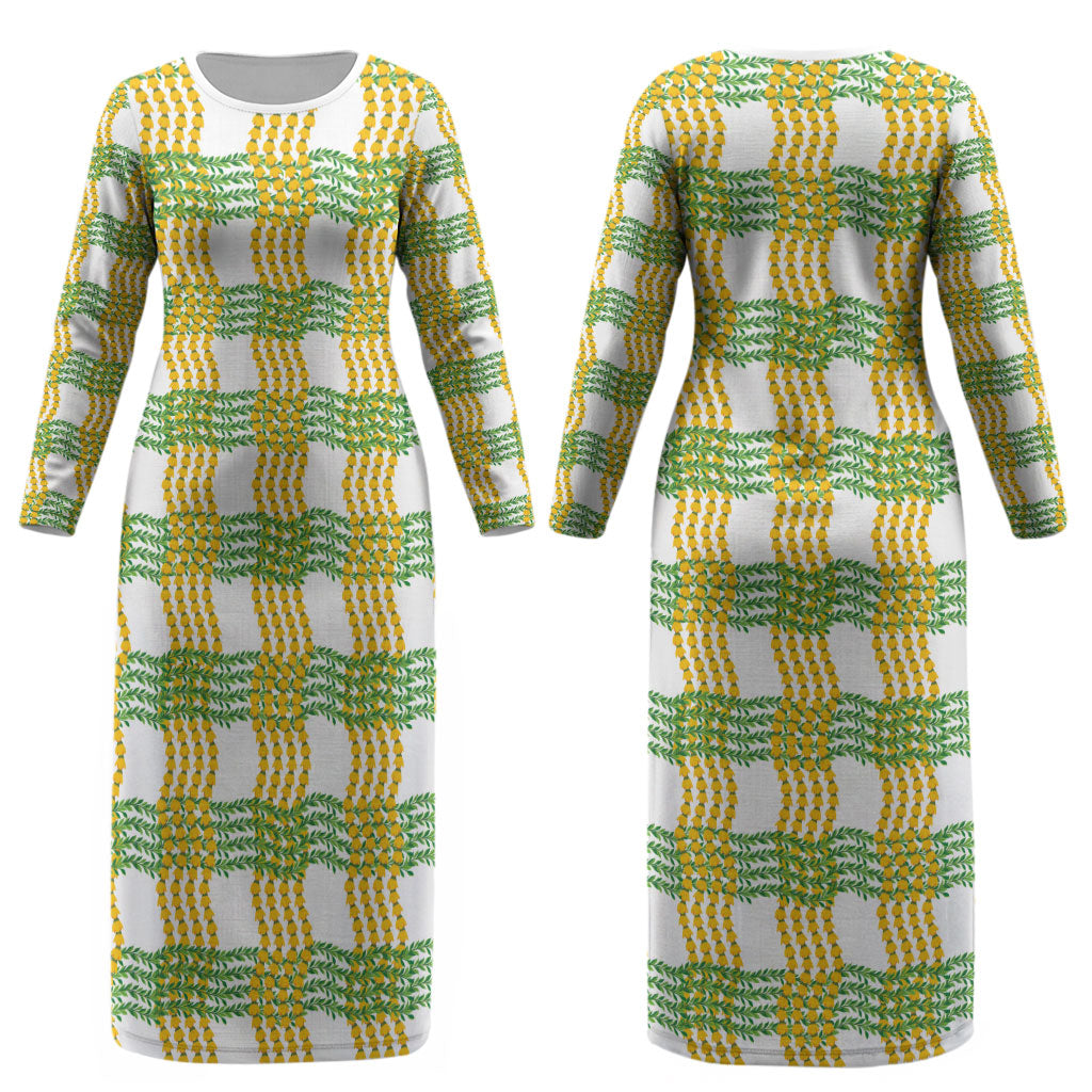 Aloha Hawaii Ilima Maile Lei Couples Matching Long Sleeve Bodycon Dress and Long Sleeve Button Shirt Palaka Inspired Hawaiian-plaid White LT14 - Polynesian Pride