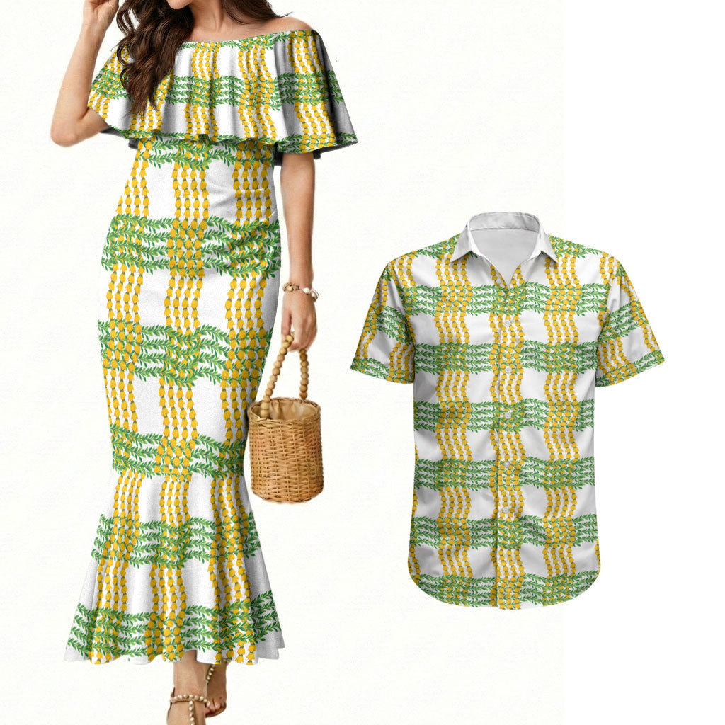 Aloha Hawaii Ilima Maile Lei Couples Matching Mermaid Dress and Hawaiian Shirt Palaka Inspired Hawaiian-plaid White LT14 White - Polynesian Pride