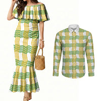 Aloha Hawaii Ilima Maile Lei Couples Matching Mermaid Dress and Long Sleeve Button Shirt Palaka Inspired Hawaiian-plaid White LT14 White - Polynesian Pride
