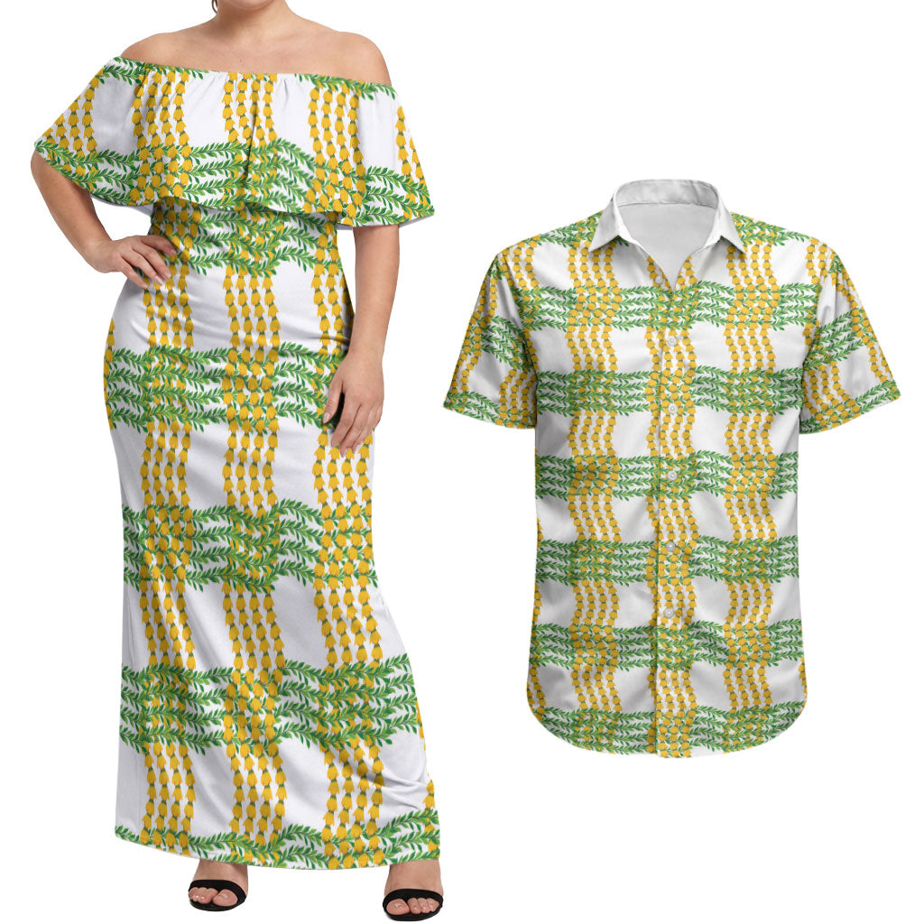 Aloha Hawaii Ilima Maile Lei Couples Matching Off Shoulder Maxi Dress and Hawaiian Shirt Palaka Inspired Hawaiian-plaid White LT14 White - Polynesian Pride