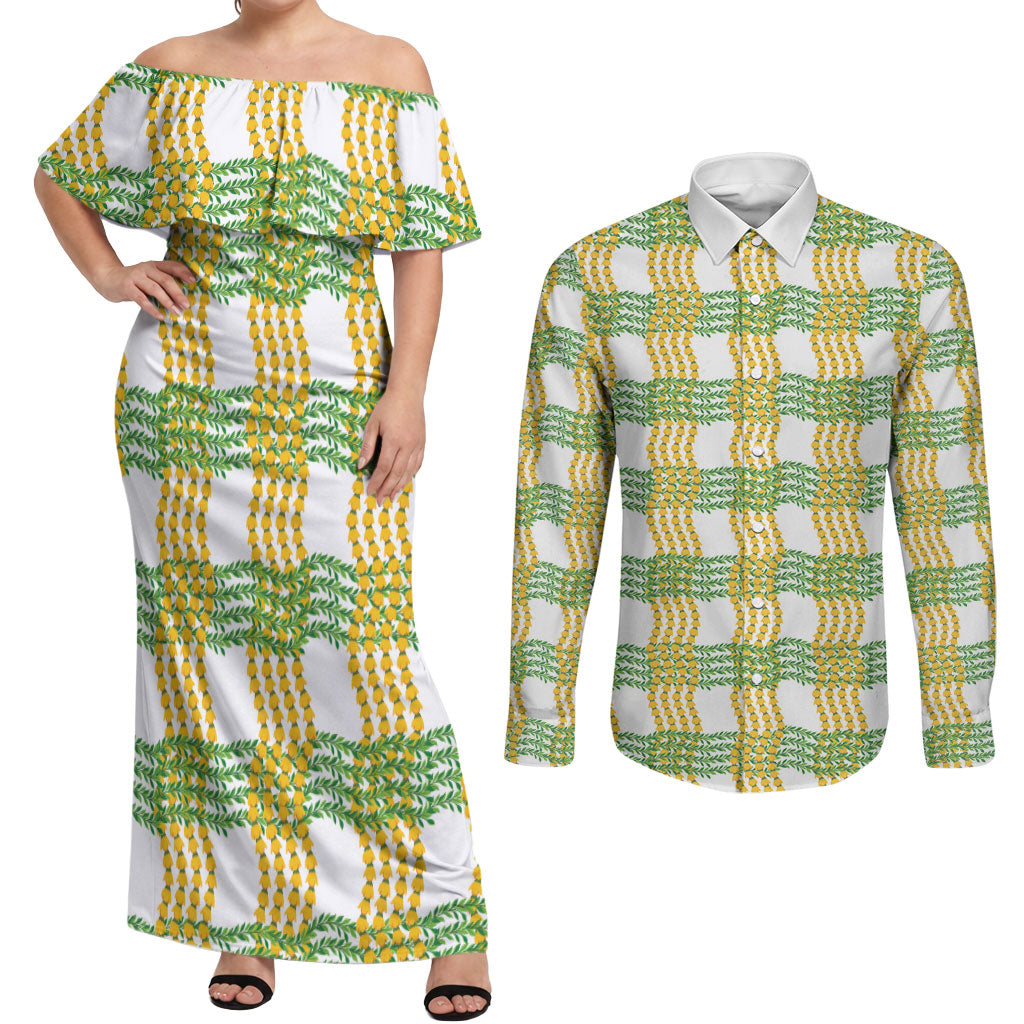 Aloha Hawaii Ilima Maile Lei Couples Matching Off Shoulder Maxi Dress and Long Sleeve Button Shirt Palaka Inspired Hawaiian-plaid White
