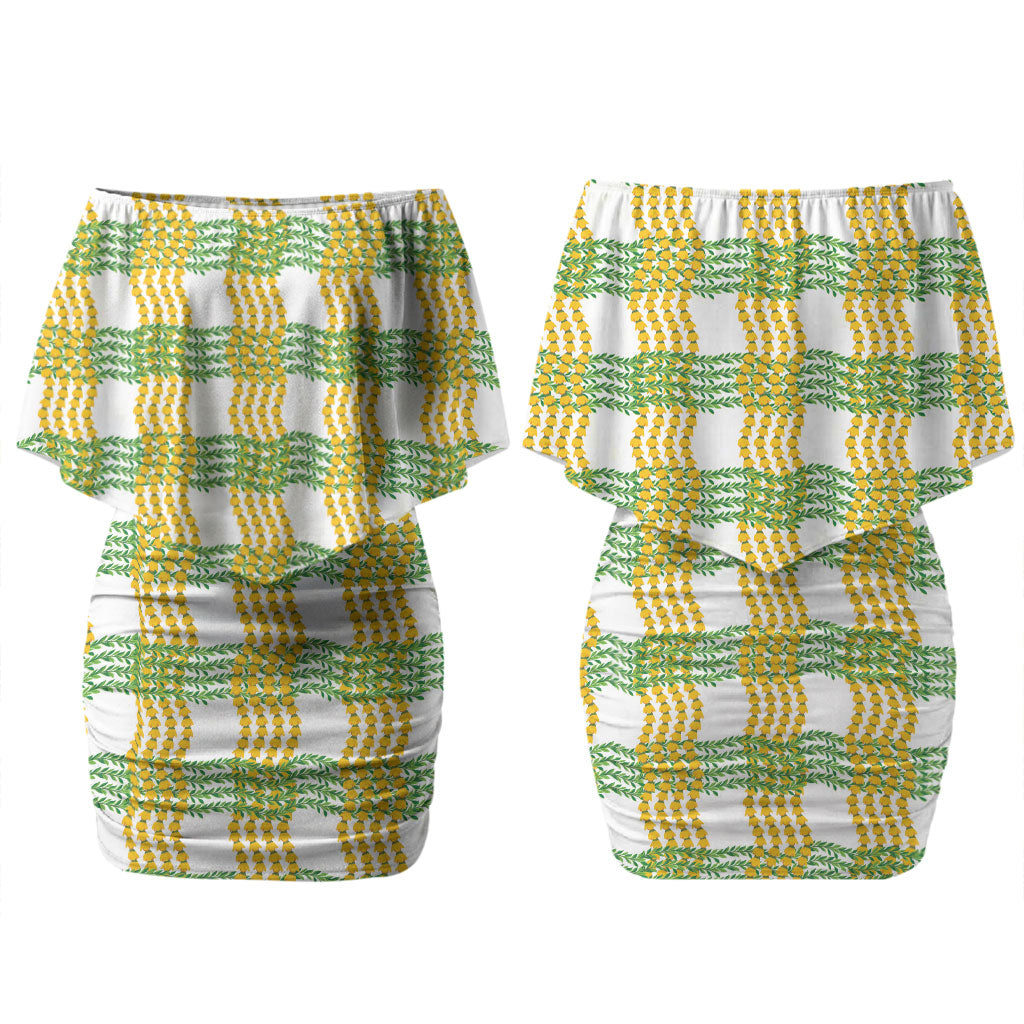 Aloha Hawaii Ilima Maile Lei Couples Matching Off Shoulder Short Dress and Long Sleeve Button Shirt Palaka Inspired Hawaiian-plaid White LT14 - Polynesian Pride