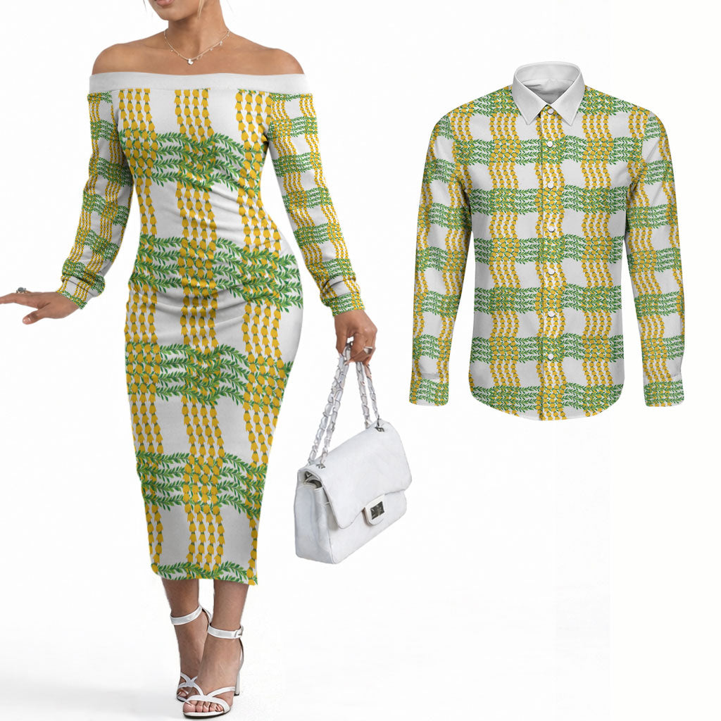 Aloha Hawaii Ilima Maile Lei Couples Matching Off The Shoulder Long Sleeve Dress and Long Sleeve Button Shirt Palaka Inspired Hawaiian-plaid White LT14 White - Polynesian Pride
