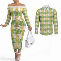 Aloha Hawaii Ilima Maile Lei Couples Matching Off The Shoulder Long Sleeve Dress and Long Sleeve Button Shirt Palaka Inspired Hawaiian-plaid White LT14 White - Polynesian Pride