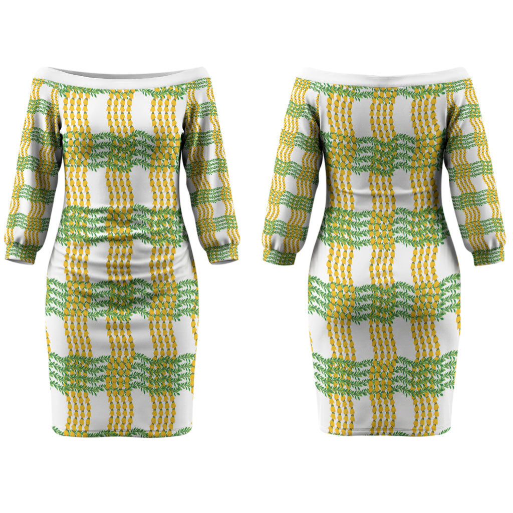 Aloha Hawaii Ilima Maile Lei Couples Matching Off The Shoulder Long Sleeve Dress and Long Sleeve Button Shirt Palaka Inspired Hawaiian-plaid White LT14 - Polynesian Pride