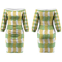Aloha Hawaii Ilima Maile Lei Couples Matching Off The Shoulder Long Sleeve Dress and Long Sleeve Button Shirt Palaka Inspired Hawaiian-plaid White LT14 - Polynesian Pride