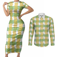 Aloha Hawaii Ilima Maile Lei Couples Matching Short Sleeve Bodycon Dress and Long Sleeve Button Shirt Palaka Inspired Hawaiian-plaid White LT14 White - Polynesian Pride