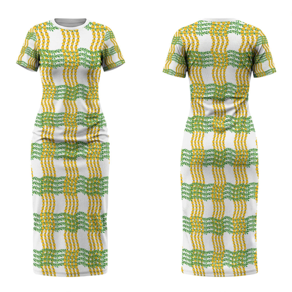 Aloha Hawaii Ilima Maile Lei Couples Matching Short Sleeve Bodycon Dress and Long Sleeve Button Shirt Palaka Inspired Hawaiian-plaid White LT14 - Polynesian Pride