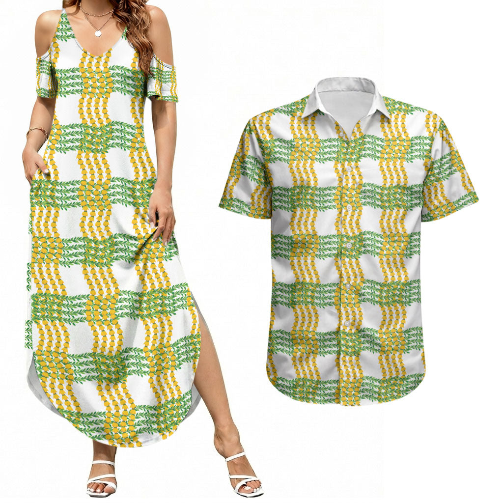 Aloha Hawaii Ilima Maile Lei Couples Matching Summer Maxi Dress and Hawaiian Shirt Palaka Inspired Hawaiian-plaid White LT14 White - Polynesian Pride