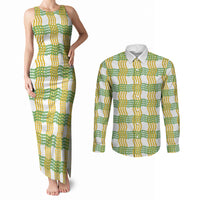 Aloha Hawaii Ilima Maile Lei Couples Matching Tank Maxi Dress and Long Sleeve Button Shirt Palaka Inspired Hawaiian-plaid White LT14 White - Polynesian Pride