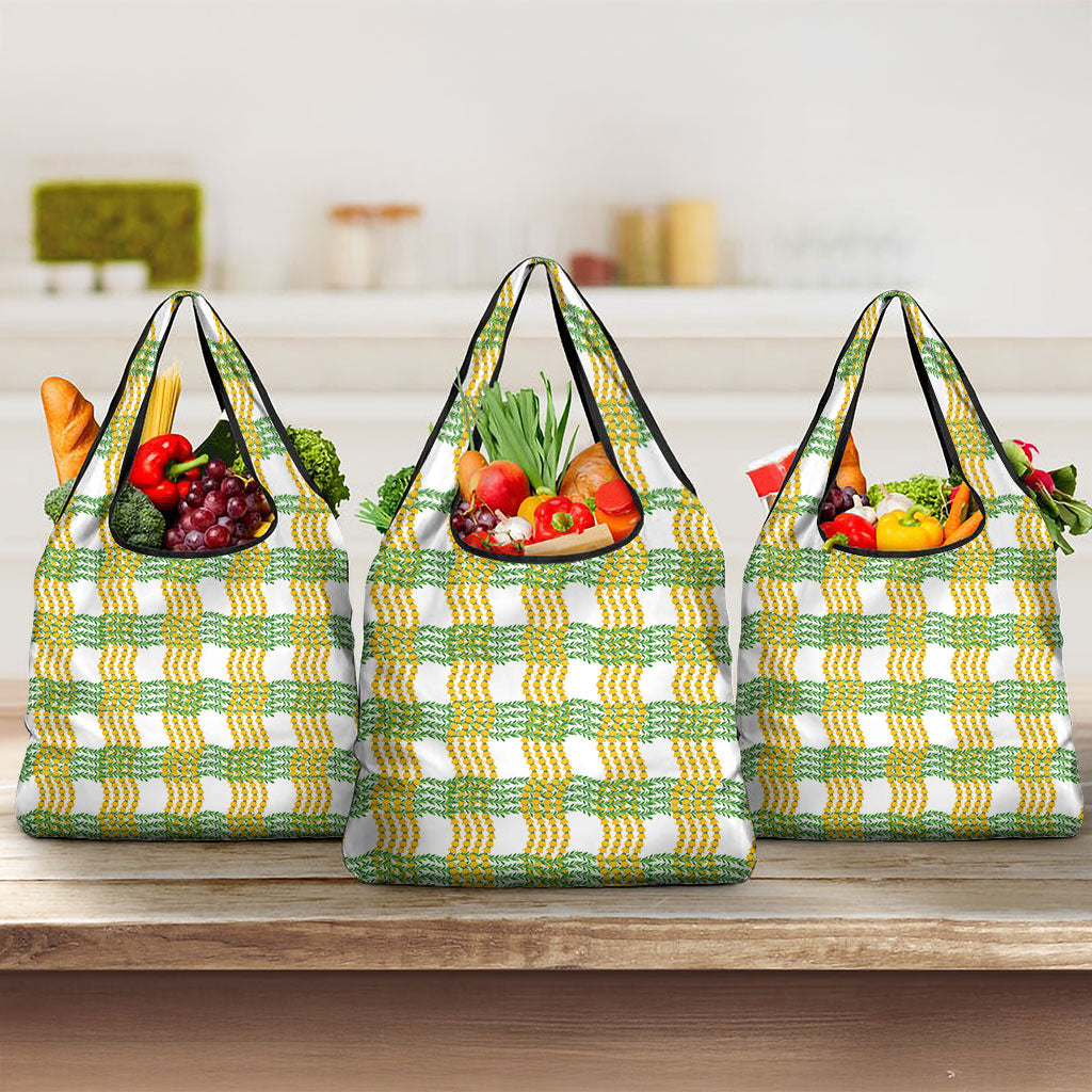 Aloha Hawaii Ilima Maile Lei Grocery Bag Palaka Inspired Hawaiian-plaid White