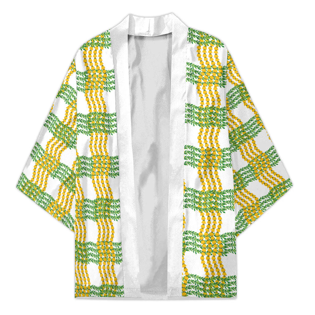 Aloha Hawaii Ilima Maile Lei Kimono Palaka Inspired Hawaiian-plaid White LT14 Unisex White - Polynesian Pride