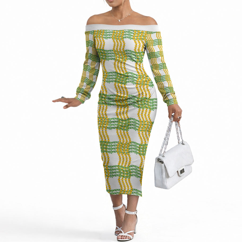 Aloha Hawaii Ilima Maile Lei Off The Shoulder Long Sleeve Dress Palaka Inspired Hawaiian-plaid White LT14 Women White - Polynesian Pride