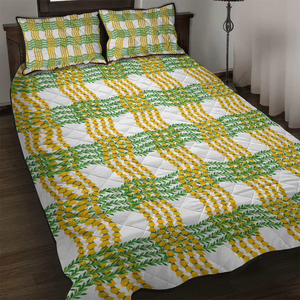 Aloha Hawaii Ilima Maile Lei Quilt Bed Set Palaka Inspired Hawaiian-plaid White LT14 White - Polynesian Pride