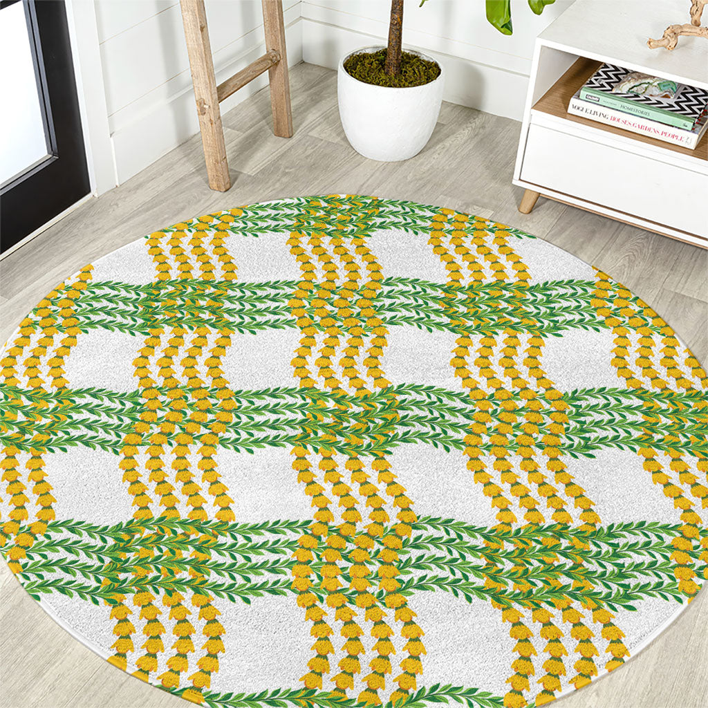 Aloha Hawaii Ilima Maile Lei Round Carpet Palaka Inspired Hawaiian-plaid White LT14 White - Polynesian Pride