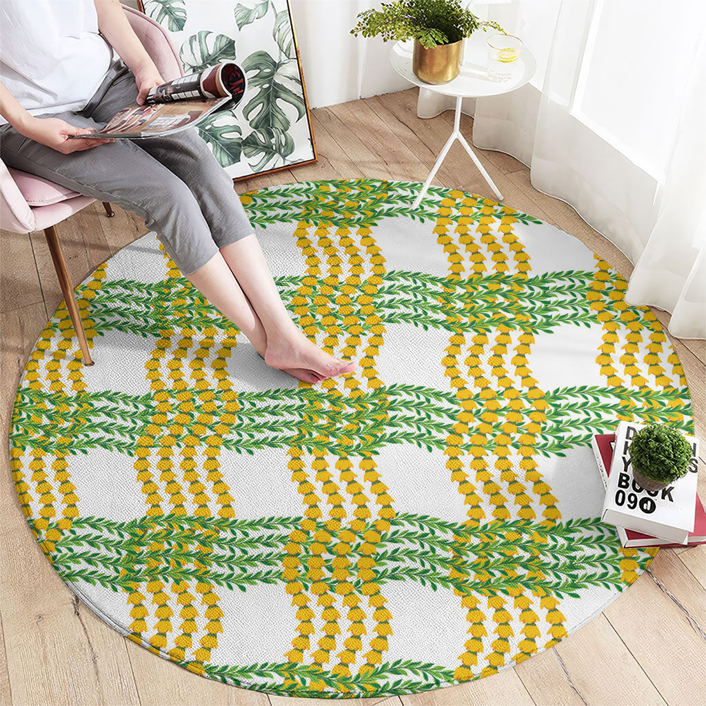 Aloha Hawaii Ilima Maile Lei Round Carpet Palaka Inspired Hawaiian-plaid White LT14 - Polynesian Pride