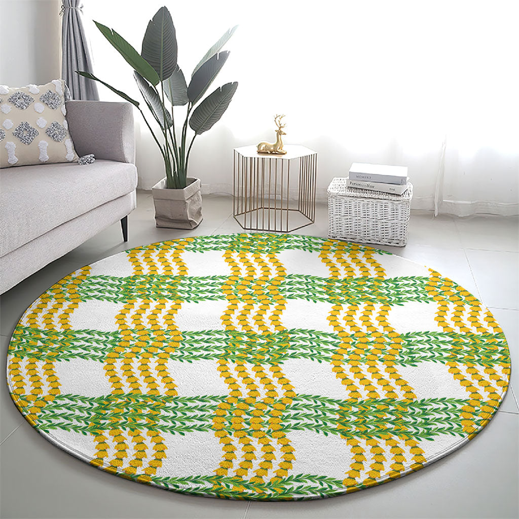 Aloha Hawaii Ilima Maile Lei Round Carpet Palaka Inspired Hawaiian-plaid White LT14 - Polynesian Pride