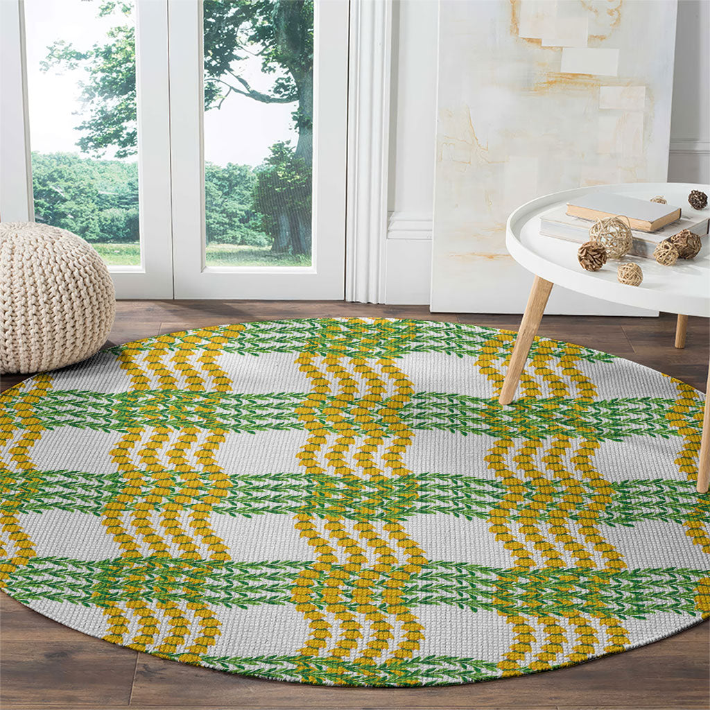 Aloha Hawaii Ilima Maile Lei Round Carpet Palaka Inspired Hawaiian-plaid White LT14 - Polynesian Pride