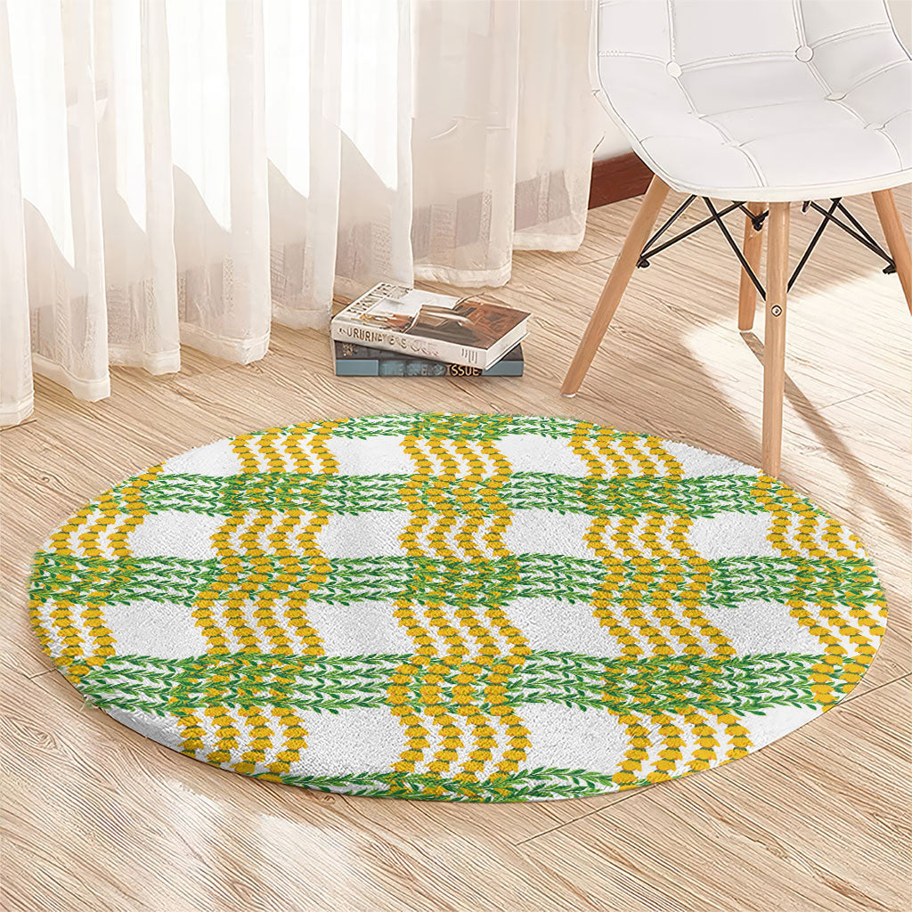 Aloha Hawaii Ilima Maile Lei Round Carpet Palaka Inspired Hawaiian-plaid White LT14 - Polynesian Pride