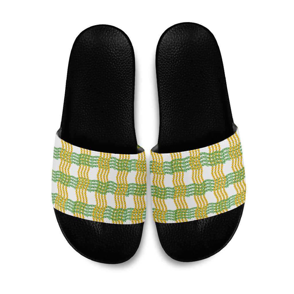 Aloha Hawaii Ilima Maile Lei Slide Sandals Palaka Inspired Hawaiian-plaid White LT14 White - Polynesian Pride