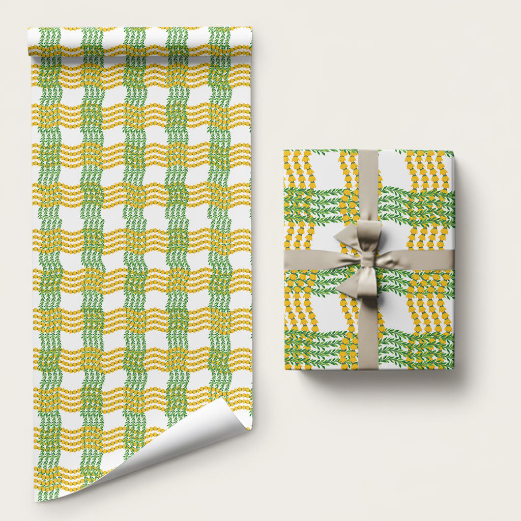 Aloha Hawaii Ilima Maile Lei Wrapping Paper Palaka Inspired Hawaiian-plaid White LT14 58" × 23" White - Polynesian Pride