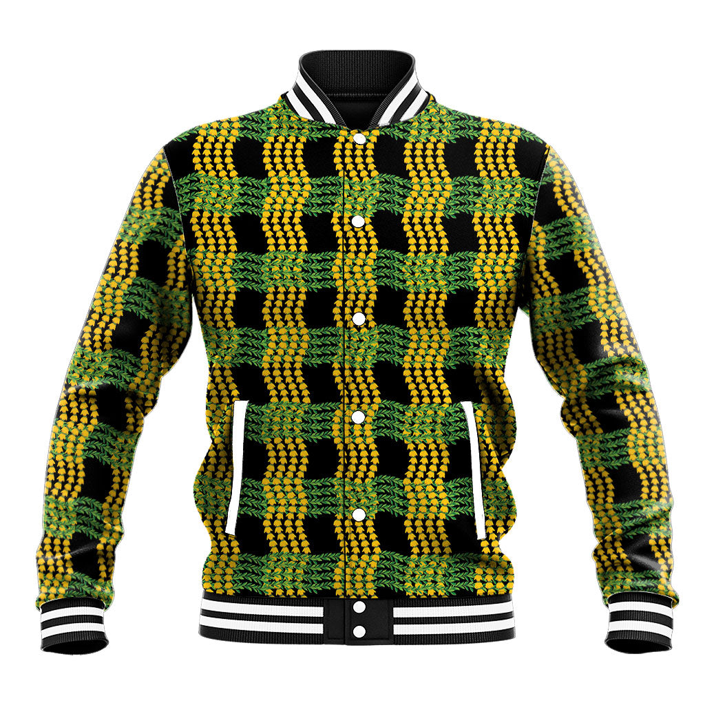 Aloha Hawaii Ilima Maile Lei Baseball Jacket Palaka Inspired Hawaiian-plaid Black LT14 Unisex Black - Polynesian Pride