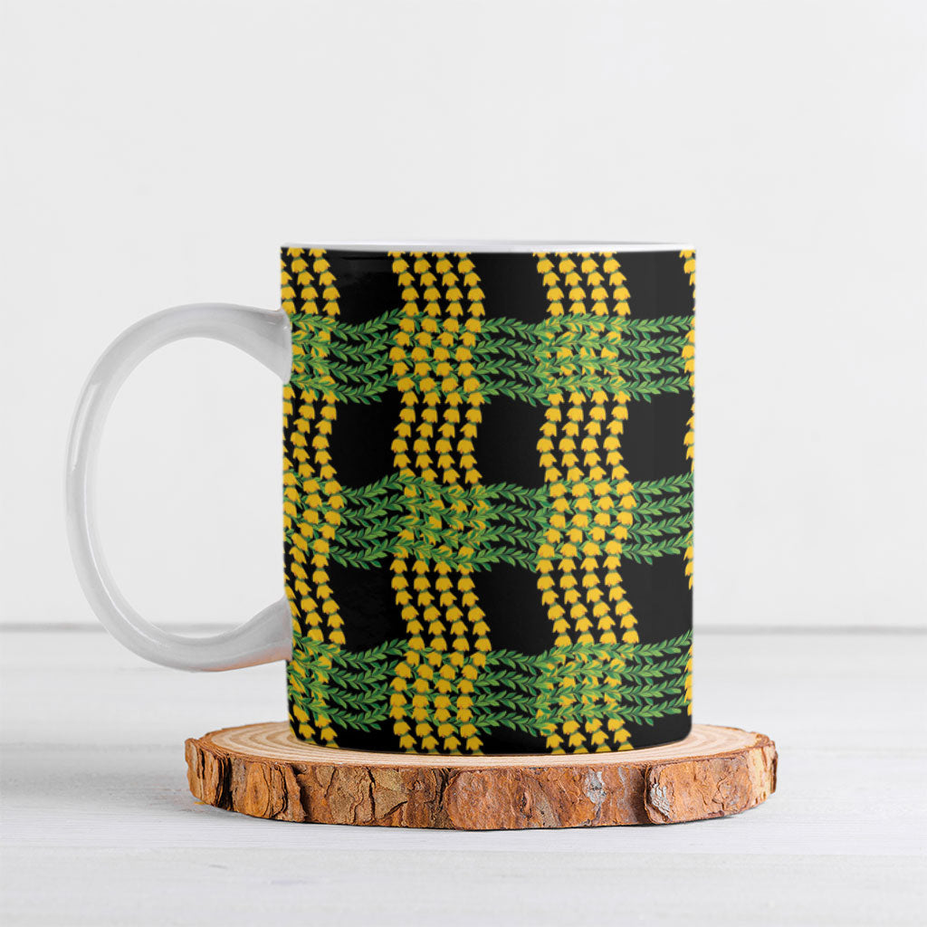 Aloha Hawaii Ilima Maile Lei Ceramic Mug Palaka Inspired Hawaiian-plaid Black LT14 Black - Polynesian Pride