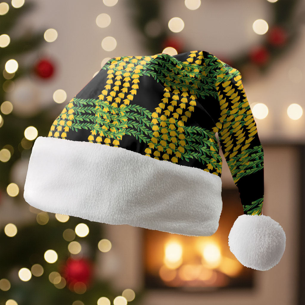 Aloha Hawaii Ilima Maile Lei Christmas Santa Hat Palaka Inspired Hawaiian-plaid Black LT14 Without Fur Black - Polynesian Pride