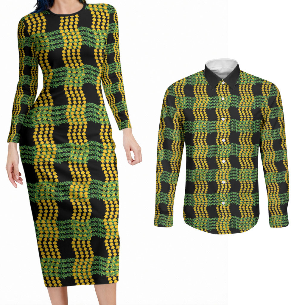 Aloha Hawaii Ilima Maile Lei Couples Matching Long Sleeve Bodycon Dress and Long Sleeve Button Shirt Palaka Inspired Hawaiian-plaid Black LT14 Black - Polynesian Pride